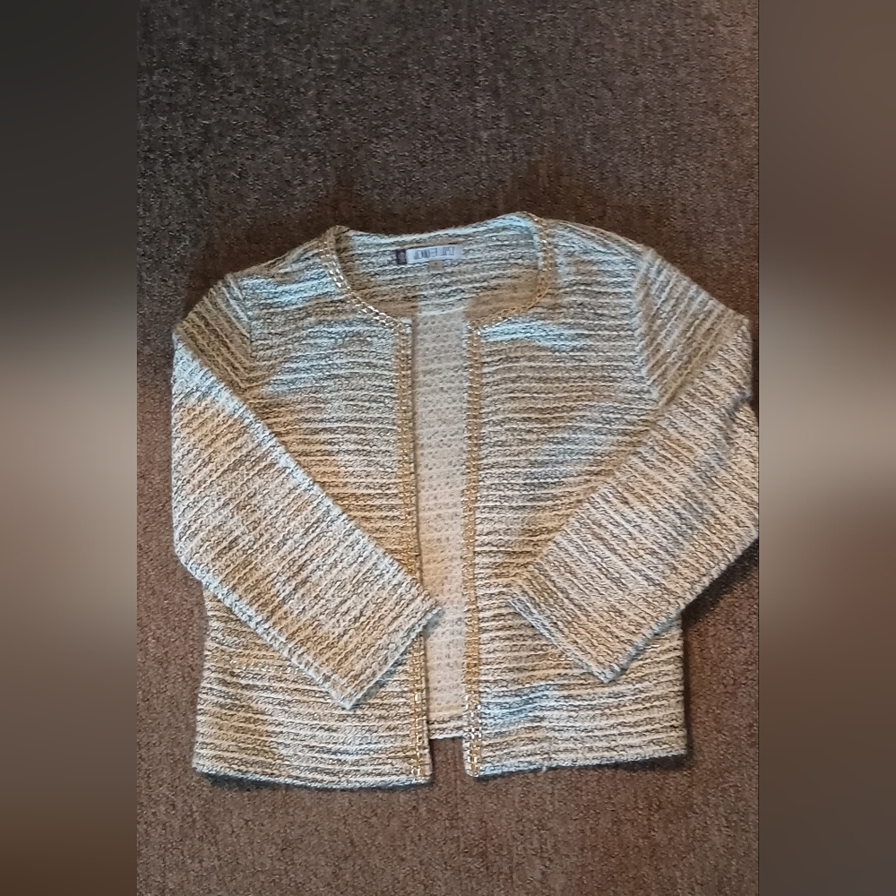 JLO by Jennifer Lopez Open Front Tweed Jacket with Gold Chain Accents - Medium